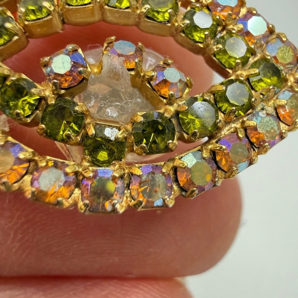 Large Vintage AB Rhinestone Flower Brooch Earrings Set 3" Pink Green MCM Chic - Picture 13 of 16